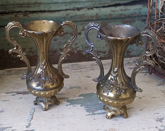 Vintage Italian Florentine Bud Vases Set of 2 with Brass Finish