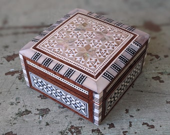 1970s Egyptian Trinket Box: Handmade Mother of Pearl Inlay