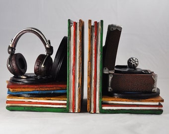 Pair of Records & Vinyl Record Player Bookends | Music Musician Gift