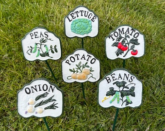 Hand Painted Cast Iron Garden Vegetable Signs | Beans | Lettuce | Onion | Peas | Potato | Tomato Hand Painted