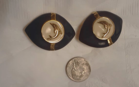 Dolphin Earrings Enamel and Silvertone Clipons - image 2