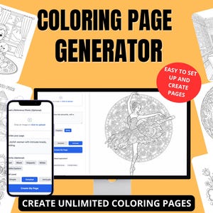 Puede incluir: Un monitor de ordenador y un smartphone muestran una interfaz de generador de páginas para colorear. El monitor muestra una página para colorear de una bailarina. La interfaz del smartphone permite subir una foto de referencia y personalizar la página. El texto incluye "COLORING PAGE GENERATOR".