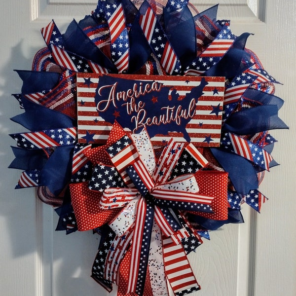 America the Beautiful patriotic front door wreath, veteran wreath, memorial day wreath, housewarming gift, gift for veteran, fourth of July