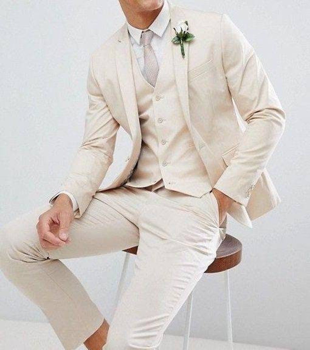 MEN WEDDING SUITS Cream 3 Piece Formal Tuxedo Slim Fit Party