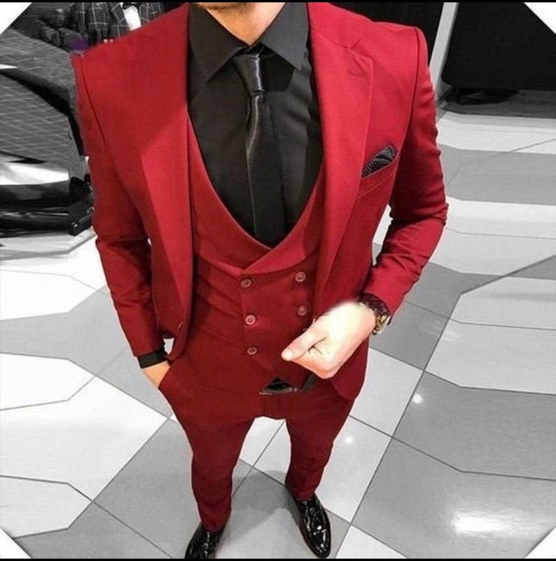 Men Suit Wedding Suit Man Red 3 Piece Suit Groom Wear One Etsy