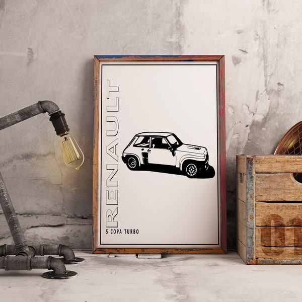 Affiche De Voiture De Dessin Animé Noir Et Blanc Renault 5 Copa Turbo. Muscle Car Digital Téléchargement instantané Wall Decor. image de dessin automobile vintage.