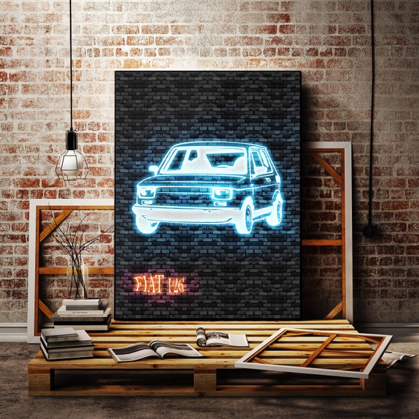 Fiat 126 Glow Neon Car Poster. Neon Effect Car Printable Wall Art. Instantly Downloadable Man Cave Gift. Automobile Instant Printables