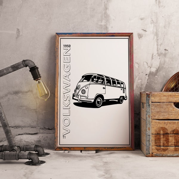 1950 Volkswagen T1 Black And White Cartoon Car Poster. Muscle Car Digital Instant Download Wall Decor. Volkswagen Poster For Car Lovers