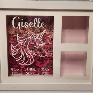 May include: White wooden shadow box with a pink and red paper flower arrangement, a unicorn silhouette, and the name "Giselle" written in white. The box also includes a small window with the text "4:55 pm, 31 Aug. 2022, 3502 gms".