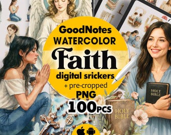 Pegatinas de acuarela con fe para GoodNotes, pegatinas de fe para planificadores digitales, pegatinas de oración para GoodNotes, lindas pegatinas de fe para planificación digital.