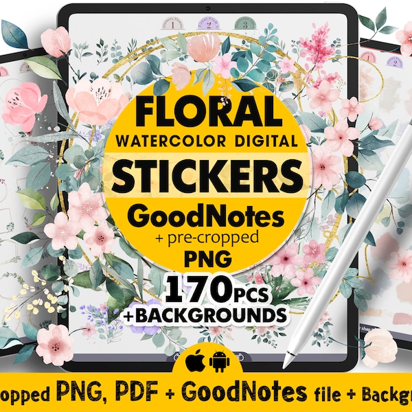 Floral Goodnotes Planner Stickers Digital Download, Digital Watercolor Floral Stickers For Planner, Greenery Png Flower Stickers To Download