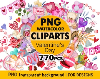 Watercolor Valentines Clipart: 770 Love PNG Designs (Digital Download)