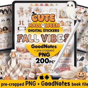 May include: Digital stickers with a Halloween theme, featuring pumpkins, ghosts, and skeletons. The text "CUTE HALLOWEEN DIGITAL STICKERS FALL VIBES" is displayed. Includes pre-cropped PNG files and GoodNotes book file. The image also shows a tablet and a stylus.