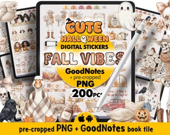 May include: Digital stickers with a Halloween theme, featuring pumpkins, ghosts, and skeletons. The text "CUTE HALLOWEEN DIGITAL STICKERS FALL VIBES" is displayed. Includes pre-cropped PNG files and GoodNotes book file. The image also shows a tablet and a stylus.