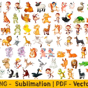 Cartoon Tier Clipart Sublimation Png-Dateien Sofort-Download, niedliche Tier Vektor Pdf-Dateien Digitale Clipart 68 Stück. Safari, Tiere des Waldes