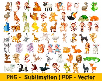 Cartoon Animal Clipart: Safari & Woodland PNG, PDF (68 pcs) (Digital Download)