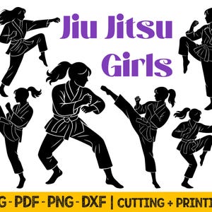 Puede incluir: Siluetas negras de mujeres en varias poses de Jiu Jitsu. Las palabras "Jiu Jitsu Girls" son de color púrpura. La parte inferior de la imagen tiene el texto "SVG - PDF - PNG - DXF | CUTTING + PRINTING" en amarillo y negro.