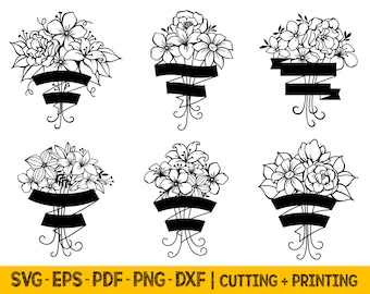 Flower Svg Files For Cricut, Flower Bouquet Svg Bundle With Ribbon, Laser Cut Files Svg Digital Download, Commercial Use Svg, Png Designs