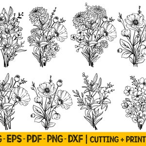 Fichiers Svg de fleurs sauvages, fichiers Svg de bouquet de fleurs, fichiers Svg de fleurs pour Cricut, Svg de bouquet de fleurs sauvages, Svg de fleurs sauvages, Clipart Png de fleurs