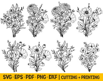 ワイルドフラワーブーケ SVG ファイル: 花のクリップアート (デジタルダウンロード)