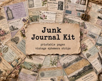 Digital ephemera junk journal kit, Printable vintage ephemera kit strips, Journal inserts bundle, Collage ephemera, Tags, Bookmarks, Labels