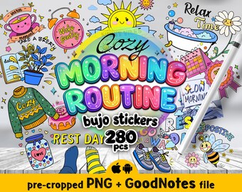 Cute Cozy Stickers for morning routine bujo planner, GoodNotes digital stickers PNG set with colorful doodle art