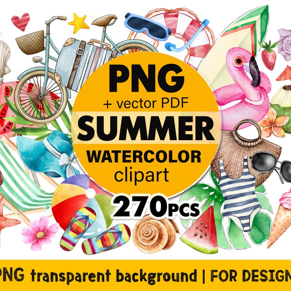Watercolor Clipart Summer Png, Beach Watercolor Summer Clipart Png, Tropical Clipart Bundle, Watercolor Beach Png Designs, Summer Vibes Png