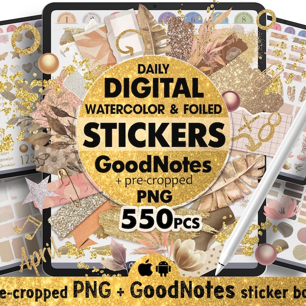 Digital Planner Stickers Kit, Planner Stickers Digital For Goodnotes, Goodnotes Stickers Aesthetic, Gold Foil Ipad Stickers Goodnotes Set
