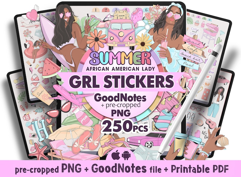 Digital summer planner stickers GoodNotes set of 250 pre-cropped stickers for GoodNotes and other apps.
