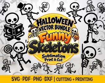 Funny Halloween Svg Bundle, Cute Little Skeleton Svg Vector Halloween Clipart, Playful Skeletons Decor, Cricut Files & Sublimation Design