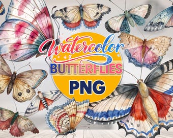 Butterfly watercolor Png Files For Sublimation and design, Watercolor Butterfly Clipart Bundle, Vintage Colorful Butterflies Png Bundle