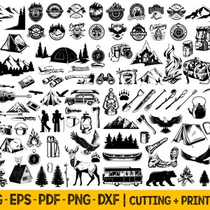 May include: A black and white illustration set of camping and outdoor adventure icons. The set includes images of mountains, trees, tents, campfires, a bear, a canoe, a compass, a lantern, a flashlight, a knife, an axe, a backpack, a mug, a kettle, binoculars, a guitar, a car, a bird, a deer, a cabin, a bus, and more.