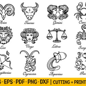 Astrologie-Svg-Dateien für Cricut, Sternzeichen-Svg-Icons mit Namen, Sternzeichen-Svg-Bundle, Horoskop-Svg, handgezeichnete Png-Sublimationsdesigns