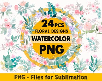 Watercolor Floral Clipart: 24 PNG Flower Designs (Digital Download)
