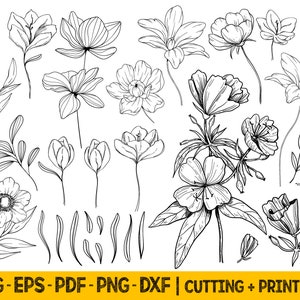 Handgezeichnete Blumen Clipart, botanische SVG-Dateien für Cricut, Wildblumen Clipart, Linie Zeichnung Blume SVG-Bundle, Sublimation Png