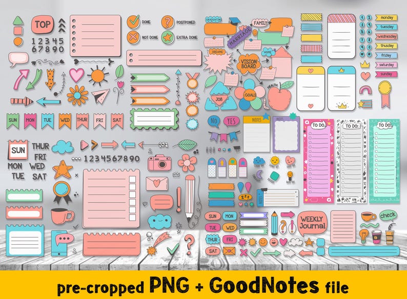DIGITAL USE: Open the GoodNotes file and copy-paste the stickers into your note; or open the PNG files folder and just drag and drop the PNG sticker into your note.