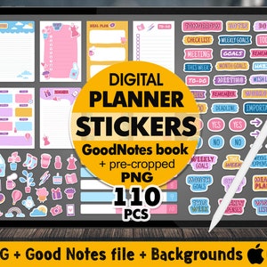 Goodnotes ピンク パープル ステッカー デジタル ダウンロード - デジタル プランナー用のカラフルな Goodnotes ステッカー - 事前にトリミングされたジャーナル ステッカー バンドル PNG