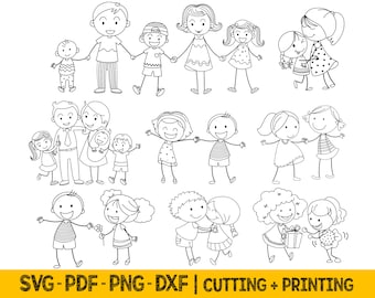 Family Svg Files For Cricut, Kids Svg Designs, Children Silhouette Svg, Outline Svg Kids Clip Art, Hand Drawn Svg, Children Black White Png