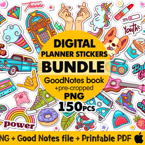 Digital Planner Stickers Goodnotes Precropped Png, Digital Cute Stickers Bundle, Digital Aesthetic Stickers, Printable Preppy Stickers Png