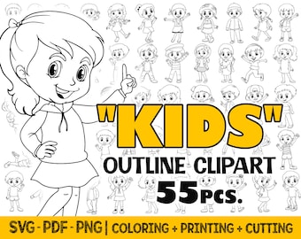 Coloring Kids Clipart Png, Hand Drawn Coloring Page, Kids Svg Outline Digital Clipart Bundle, Coloring Kid Svg Designs, Children Clipart Png