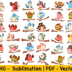 Dibujos animados de pájaros en ramas, imágenes prediseñadas de pájaros de colores, archivos PNG para sublimación, archivos PNG de pájaros, archivos PDF vectoriales, ilustración de pájaros
