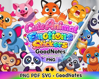 Cute animal Goodnotes planner stickers, Funny digital stickers, Emotions Kawaii stickers 74 pcs, Aesthetic  transparent stickers Png bundle