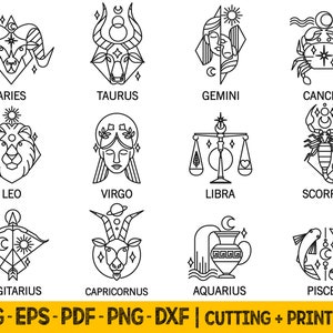 Sternzeichen-Svg für Cricut, Horoskop-Svg Geometrische Fine Line Icons, Sternzeichen-Svg-Bundle, Astrologie-Svg-Dateien für Cricut, Png für Sublimation