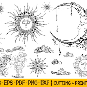 Sun and Moon Svg Files, Crescent Moon Svg Files For Cricut, Boho Svg Bundle, Mystical Svg, Celestial Svg Files, Magical Png For Sublimation