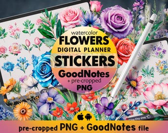 Watercolor flower digital planner stickers Goodnotes elements, Flowers digital watercolor stickers planner, Digital downloads png stickers