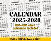 Printable calendar template bundle, Yearly one-page calendar set 2025–2028, 2026 calendar, Digital Pdf Png SVG Monday Sunday start template