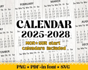 Printable calendar template bundle, Yearly one-page calendar set 2025–2028, 2026 calendar, Digital Pdf Png SVG Monday Sunday start template