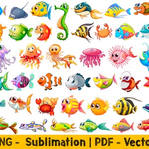 Cartoon Fisch Clipart Png-Bundle, Meer Clipart, Ozean Png, süßes Meer Tier Clipart, Unterwasser Clipart Pdf, Fisch Sublimation Png