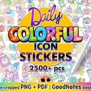 Könnte beinhalten: Werbung für digitale "Daily Colorful Icon Stickers". Das Bild zeigt einen bunten Titel mit den Worten "Daily Colorful Icon Stickers" und "2500+ pcs". Der Hintergrund ist mit farbenfrohen, handgezeichneten Symbolen und einem weißen Stift gefüllt.