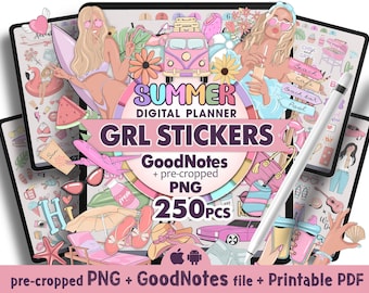Planner Stickers Digital, Goodnotes Stickers, Summer Digital Stickers Book, Printable Stickers, Png Stickers For Girls, Pink Beach Stickers